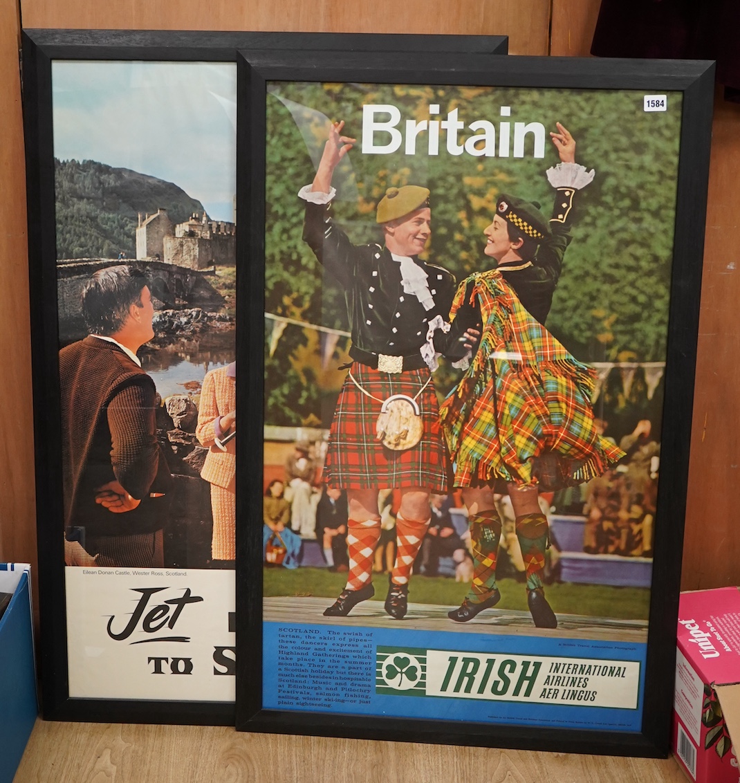 Two vintage travel posters comprising Jet BOAC to Scotland and Irish International Airlines Aer Lingus, framed, largest 100 x 62cm